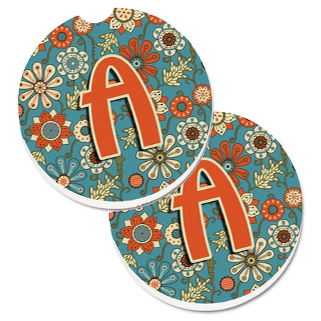 Carolines Treasures Letter A Flowers Retro Blue Set of 2 Cup Holder Car Coaster CJ2012-ACARC